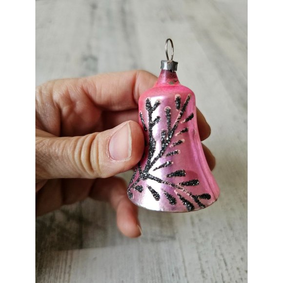 Vintage pink glitter tree bell beaded ornament Xmas tree mercury glass - Picture 2 of 8